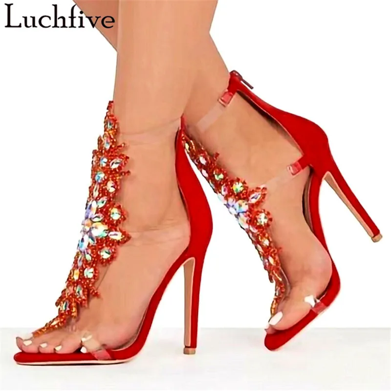 

Luchfive String Beads Flowers PVC Sandals Women Suede Runway Back Zipper Thin High Heels Rhinestone Decor Summer Shoes Woman