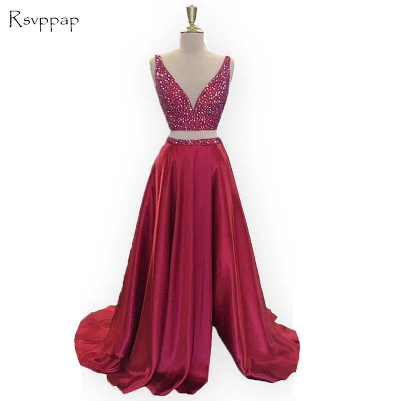 

Long Prom Dresses 2020 Sexy V-neck Sleeveless Beaded Crystals Floor Length High Slit African Burgundy Two Piece Prom Dress