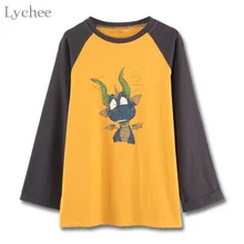 Личи консервативный Стиль Женская футболка Лоскутная Дракон принт Повседневная Свободная футболка с длинным рукавом Футболка женская