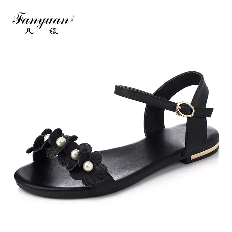 

fanyuan 2019 New women sandals full genuine leather summer sandals buckle strap flower flat fashion shoes woman black white