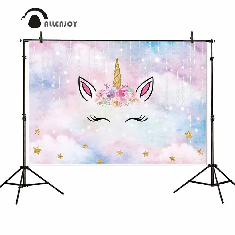 

Allenjoy kids background for photography cute unicorn colorful flowers stars bokeh birthday party backdrop baby shower photocall