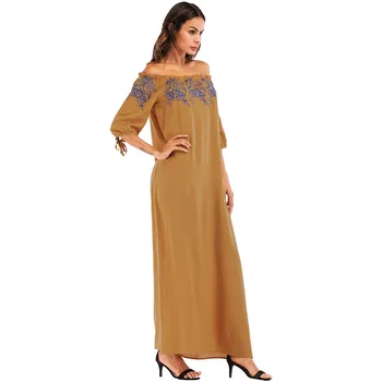 

#187002 Hot Sell Muslim Women Fashion Slash Embroidered Off Shoulder Dress Middle East Robes Dubai Fashion Gowns Abaya