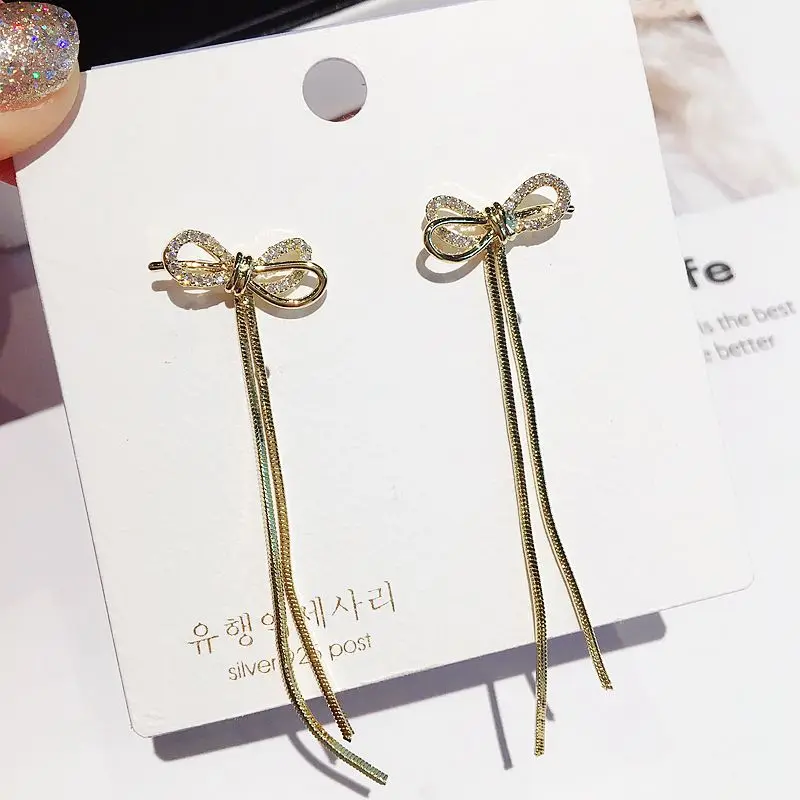 

Exquisite Double Usages CZ Zircon Bowknot Stud Earrings Gold/Silver Color Long Chain Tassel Earrings for Women