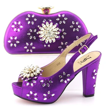 

Stones shoes and bag matching set in purple color high heel shoes and bag italian design nice shoes matching bag set SB8325-4