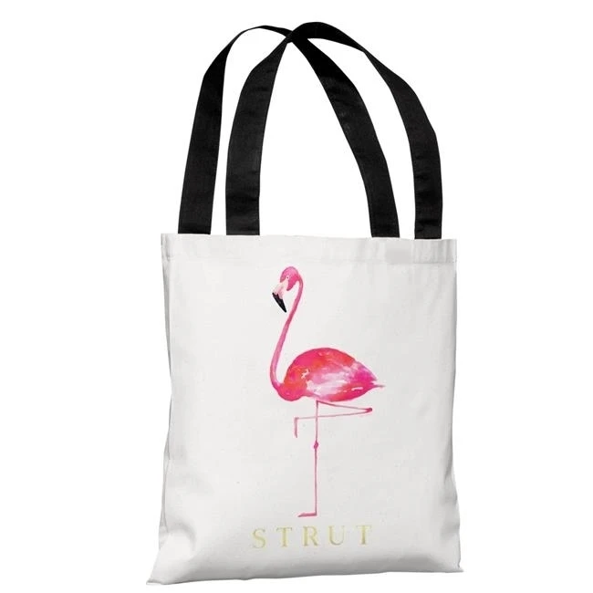 One Bella Casa 74440TT18P 18 in. Flamingo Strut Polyester Tote Bag by lezleeelliot - White Pink (1)