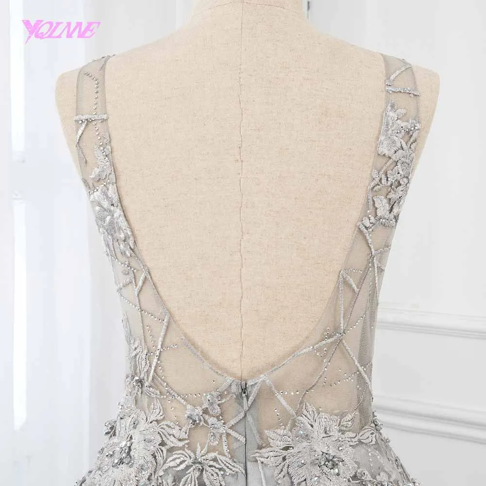 Винтажное серебряное кружевное вечернее платье бальное платье без рукавов официальное платье с открытой спиной YQLNNE