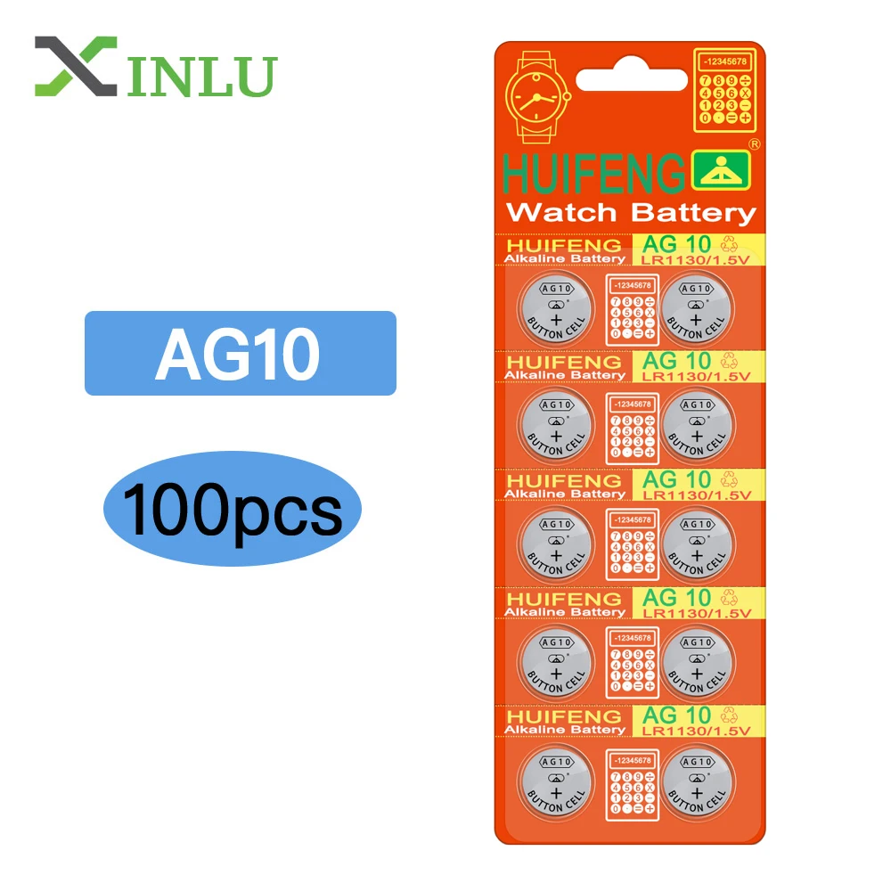 100 шт./лот = 10 карт общего AG10 LR1130 389 LR54 SR54 SR1130W 189 L1130 Кнопка ячейки батареи для часов, XINLU батарея