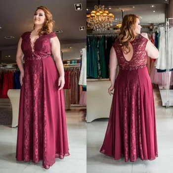 

Burgundy Mother of the Bride Dresses 2020Plus Size Lace Chiffon V Neck Wedding Guest Party Dress Open Back Mother Dress vestido