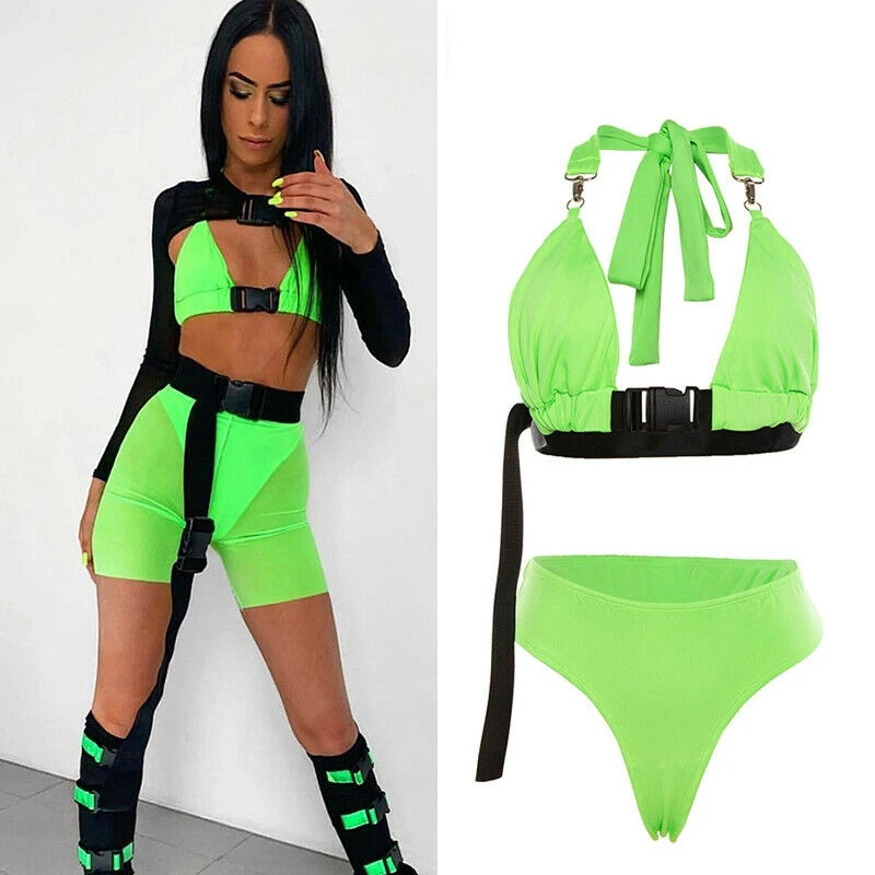 

Women Sexy Hip Hop Halter Fluorescent Sleeveless Front Bag Buckle Crop Top High Waist Shorts Clubwear 2PCS Bikinis Set