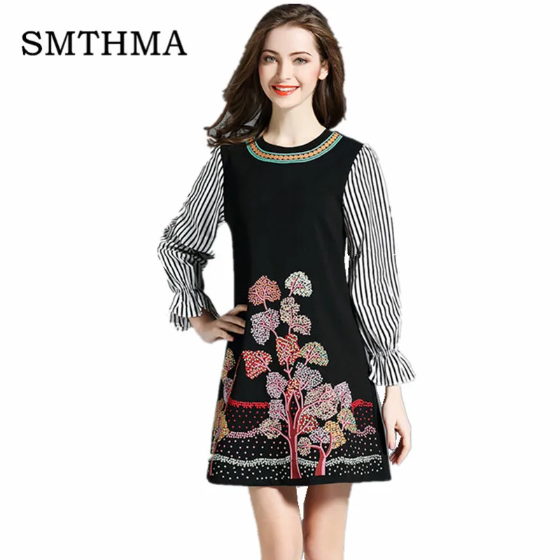

SMTHMA Newest Spring Summer Women Runway Dress Fashion Round collar Vintage Embroidery Dress Elegant Casual Dress