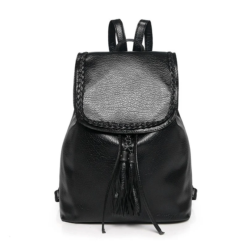 

New Fashion Women Tassel Shoulder Bag Pu Leather Casual Simple Backpack Famous Brand Teenage Girls Cheap School Bag for Female