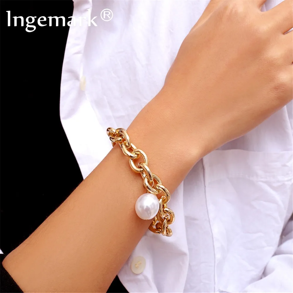 

Ingemark Bohemian Imitation Pearl Pendant Bracelet Bangle Women Wedding Accessories Punk Heavy Thick Chain Bracelet Steampunk