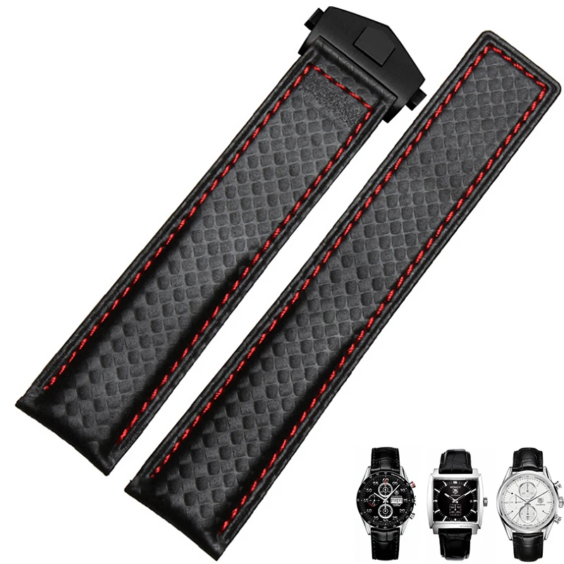 

TJP Brands 20mm 22mm High Quality Black Carbon Fiber Leather Watchband With Red Stitched Strap Bracelet For TAG CARRERA Watch