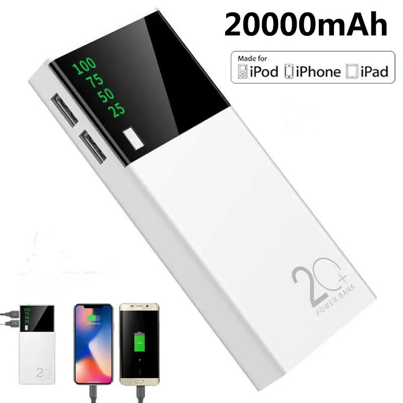  2 USB 20000mAh Power Bank LED External Backup Battery Charger for Mobile Phones