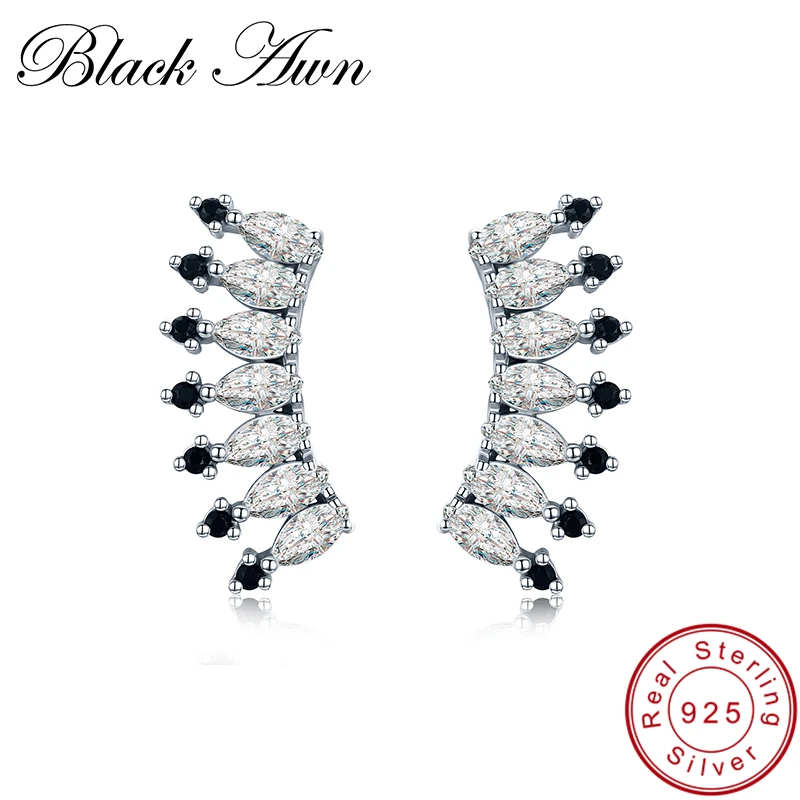 

[BLACK AWN] 5.4g 925 Sterling Silver Jewelry Black Spinel Crown Engagement Stud Earrings for Women Classic Bijoux I015