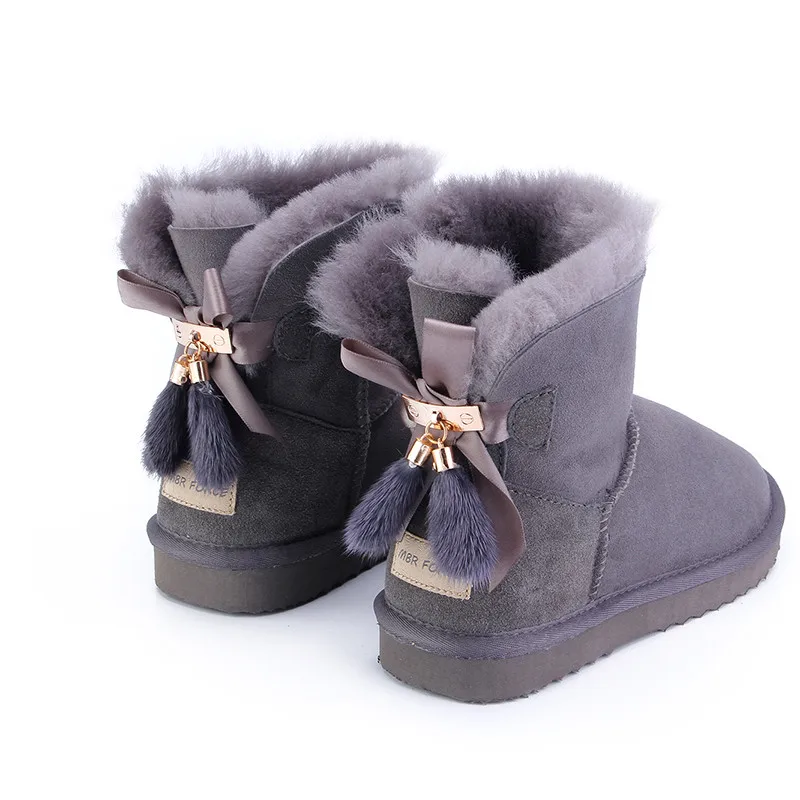 MBR FOORC/женские короткие зимние ботинки из овечьей кожи и шерсти с меховой подкладкой; зимние ботинки из замши с бантом и мехом норки; зимняя обувь с кисточками - Цвет: Grey