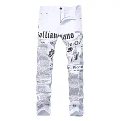 2019 сезон: весна-лето мужской с принтами с буквами Джинсы для женщин новый модный бренд белый мужской джинсы мужчин повседневное Slim Fit Street