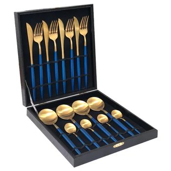 

KuBac Hommi 18/10 Quality Stainless Steel Steak Knife Fork Tableware Blue Gold Cutlery Set With Gift Box Drop Shipping