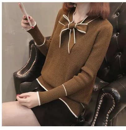 Осенняя мода женский свитер с длинными рукавами свободный свитер с бантом вязаные свитера Женский Пуловер Джемпер R752 - Цвет: coffee