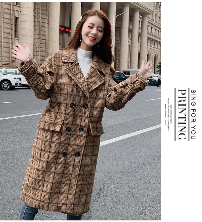 Zoki Loose Plaid Women Long Wool Blend Coat Fashion Winter Warm Jacket Elegant Double Breasted Autumn Fleece Outwear Plus Size