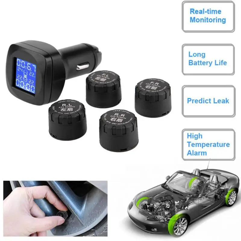 

Wireless Car Cigarette Lighter TPMS LCD Real-time Auto Wheel Tyre Tire Pressure Monitoring System with 4 External Sensor