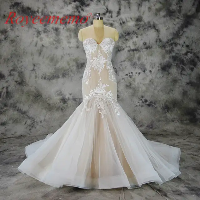 2019 Hot Sale Special Lace Mermaid Wedding Dress Nude Satin Bridal