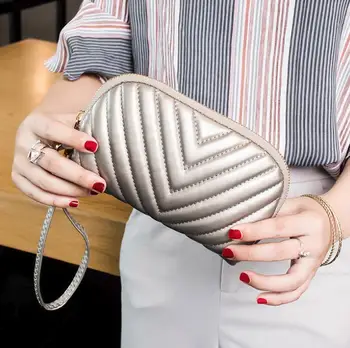 

Ladies purse fashion embroidered line V mobile phone bag soft leather large capacity purse pure color pu zero purse women wallet