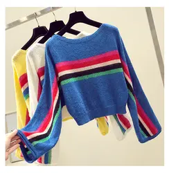 Цветной полосатый вязаный свитер Пуловеры Для женщин топы зима-осень с длинным рукавом негабаритных Для женщин пуловеры; свитеры