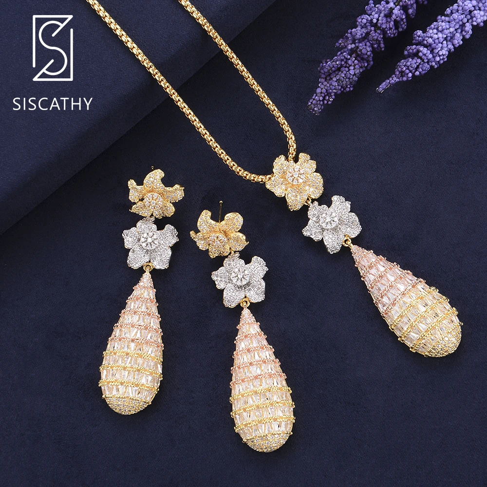 

2PC Set Fashion jewelry Cubic Zirconia Drop Earrings Necklace Jewelry Set For Dubai Nigerian Women Wedding Engagement