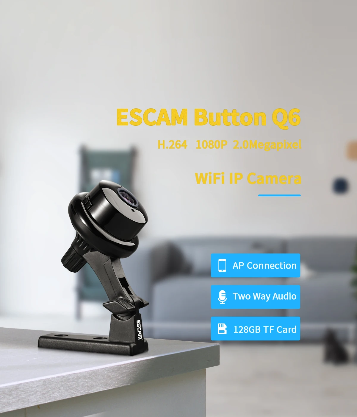 ESCAM YooSee Q6 2,0 M 1080P Кнопка мини беспроводная камера Поддержка Android IOS PC Просмотр детектор движения и электронная почта будильник до приложения