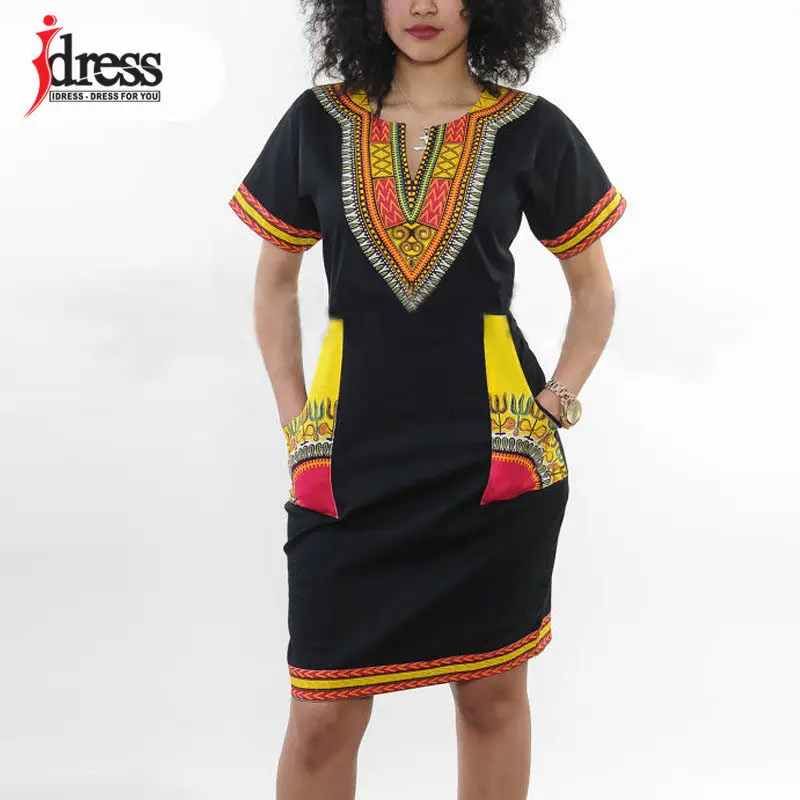 IDress S-XXXL размера плюс сексуальное повседневное летнее платье для женщин с коротким рукавом Вечерние платья черные винтажные традиционные платья с принтом - Цвет: Black Yellow