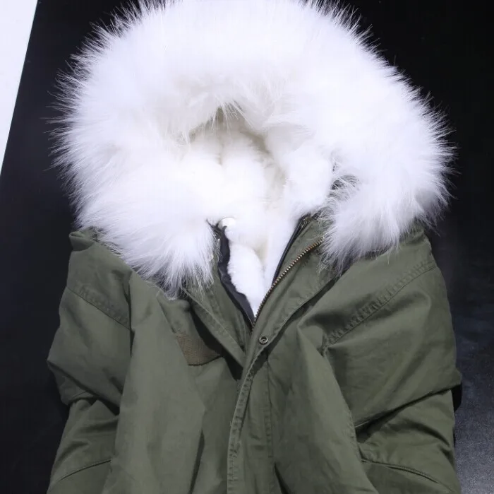 Одежда высшего качества снег чистый белый зимний искусственный Меховая куртка Для женщин большой натуральный мех енота капюшон Армейский