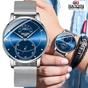 

HAIQIN Men's Watches 2019 New Top Brand Gold Waterproof Sports Clock Stainless Steel Luxury Moon Phase Clock Relogio Masculino