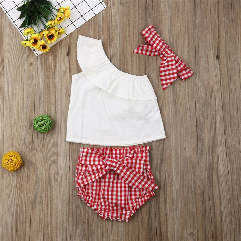 Одежда для маленьких девочек Одежда для младенцев Топ и шортики с открытыми плечами комплекты для девочек комплект детской одежды в клетку