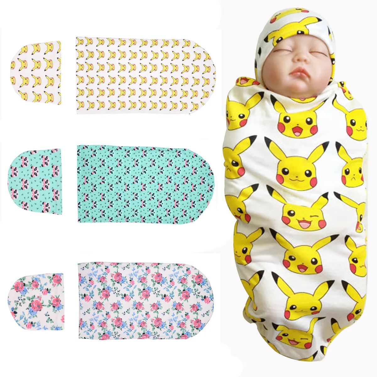 Pokemon Newborn Baby Receiving Blanket Set Cotton Infant Baby Beanies Hat Cotton Baby Sleeping
