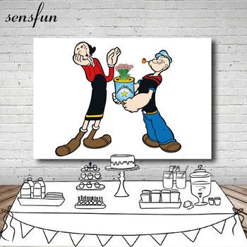 

Sensfun White Photography Backdrop Cartoon Popeye Table Banner Birthday Party Backgrounds For Photo Studio 7x5FT Vinyl