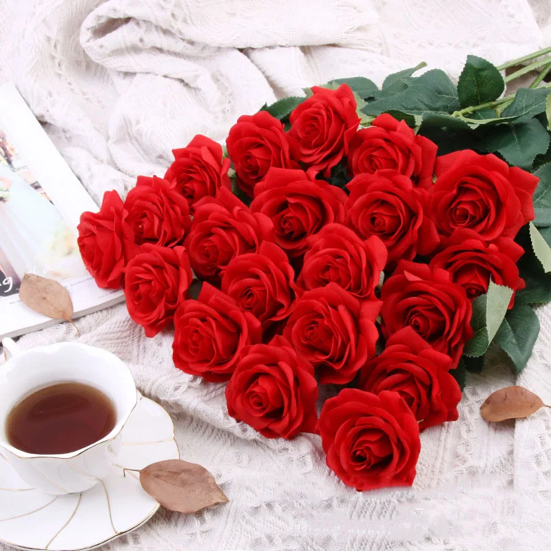 Flone Artificial Silk Really Touch Moisturizing Blue Rose Flower Branch Pink White Red Rose For Wedding Wall Home Decoration Art (76)