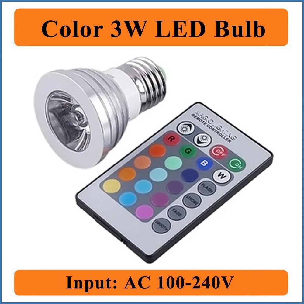 

E27 Standard Screw Base 16 Colors Changing Dimmable 3W RGB LED Light Bulb with IR Remote Control for Home Decoration/Bar/Partys