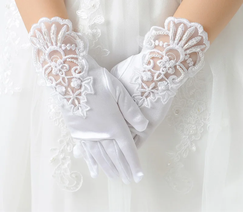 Белые очаровательные свадебные вечерние перчатки с цветочным узором для девочек, перчатки для церемоний, аксессуары для посещения церкви, детские перчатки D69