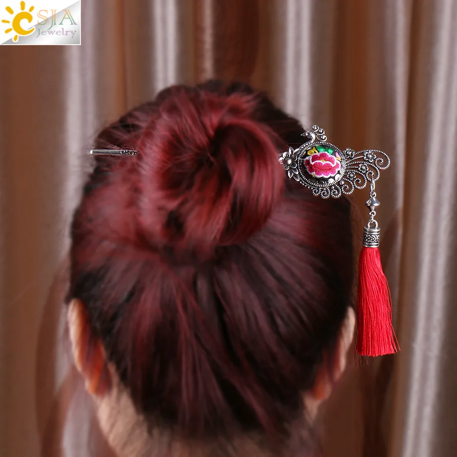 CSJA Women Long Hair Sticks Pins Hairpins Silk Tassel Vintage Silver