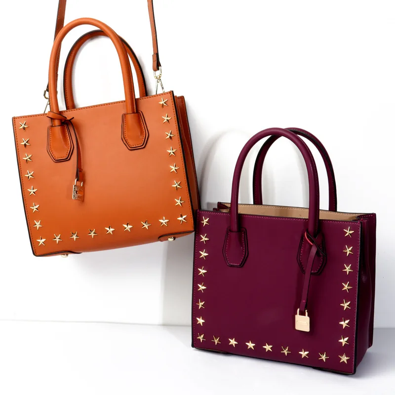 Women's new rivet leather five-pointed star laptop shoulder lock bag Korean style vertical side square leather large-capacity Me