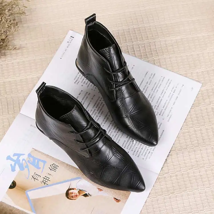 Shoes women boots 2019 fashion solid lace-up PU leather ankle boots women shoes square heel boots women sneakers casual shoes (22)