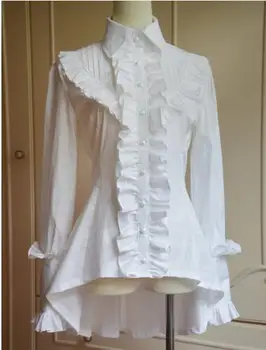 

Classic White/Black Turn Down Collar High Low Long Sleeve Lolita Blouse with Heavy Ruffles