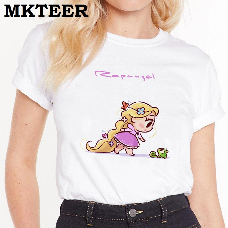 

New Arrival Women 2019 Casual Vogue Summer Tee Shirt Femme Harajuku T Shirt Kawaii Rapunzel with Pascal Print Camiseta Mujer