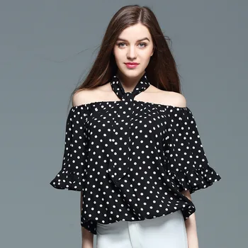 

2018 NEW Women Polka Dots Slash Neck Chiffon Blouse Top Short Flare Sleeve Chiffon Top