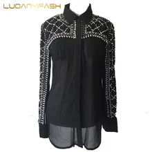 Luoanyfash sexy perspective beading blouse female luxury all match crystal pearls geometric silk shirt European style women