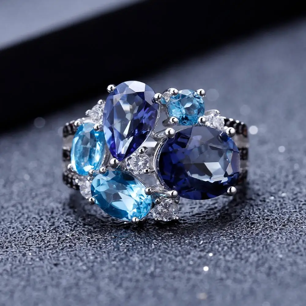 GEM'S балетное 925 пробы Серебряное кольцо с драгоценным камнем Конфета натуральный Мистический Кварц Швейцарский Голубой Топаз кольца ювелирные украшения для женщин Bijoux