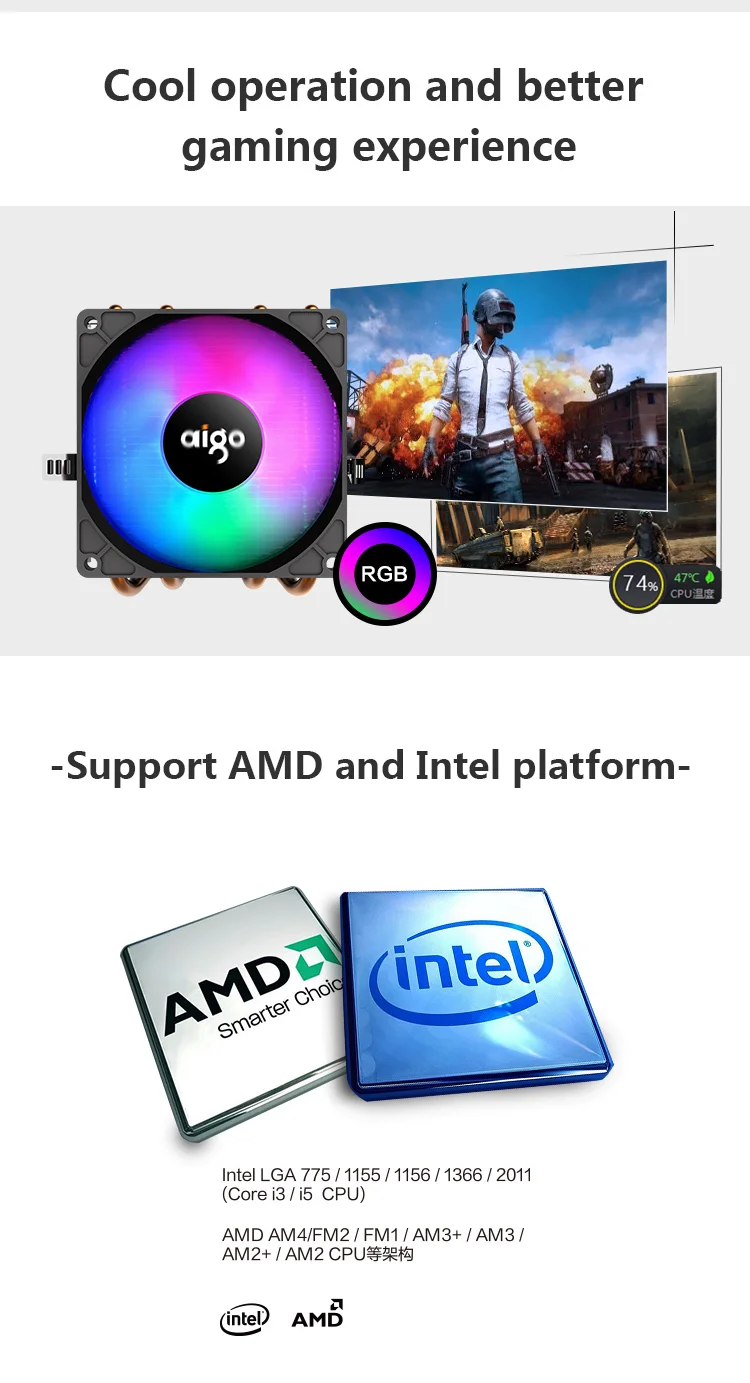 Aigo Новое поступление CC92 светодиодный кулер для процессора красочный веер охлаждения AMD Intel 2 трубы 90 мм PC cpu тихий вентилятор для процессора низкая цена