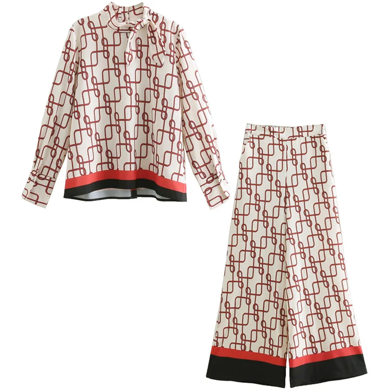 

Set female 2019 spring and autumn new print top casual wide leg pants two sets of temperament loose fashion wild women's clothes