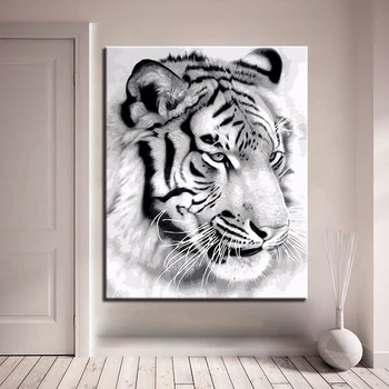 

DIY Handpainted Oil Paint By Numbers Draw Coloring Pictures Black White Tiger On Modular Canvas Framed Wall Art Painting Paints